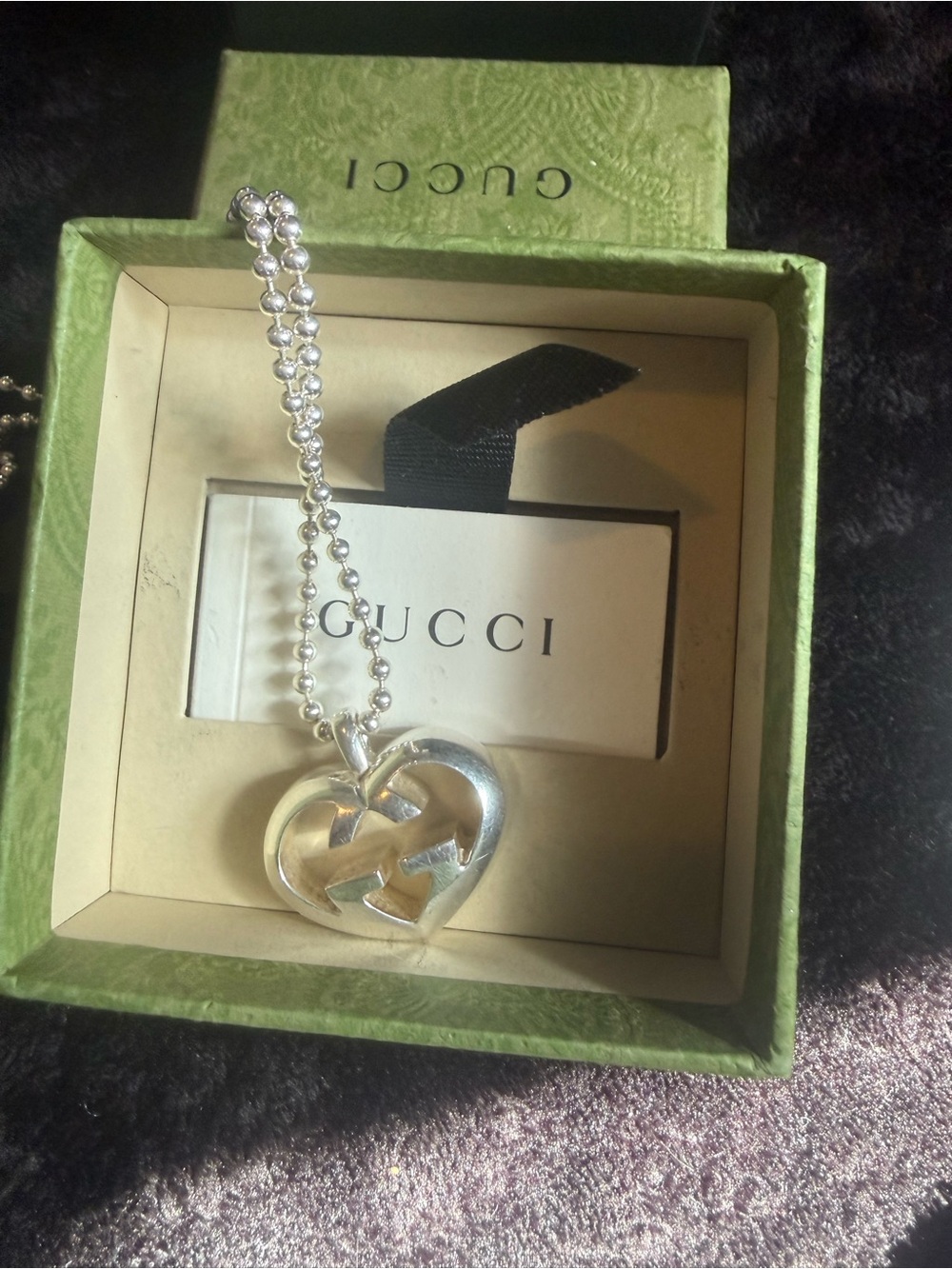 Gucci Silver Heart Pendant Necklace with Interlocking G
